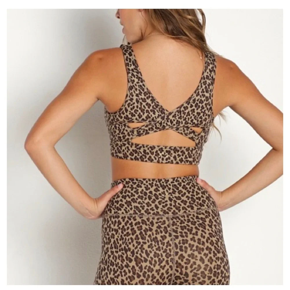 Varley Watson Bra Coffee Cheetah Leopard Print Sports Bra Large Strappy Back